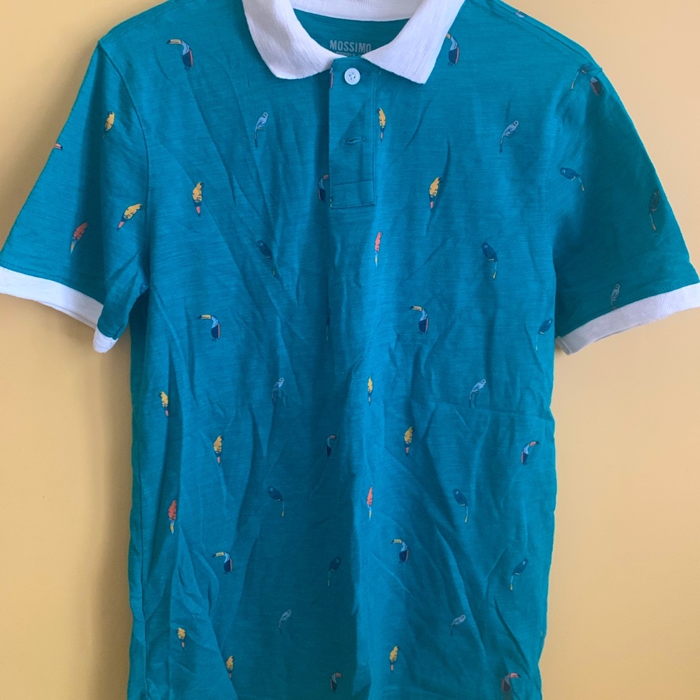teal, white collar, parrot design Mossimo polo tshirt, never worn.